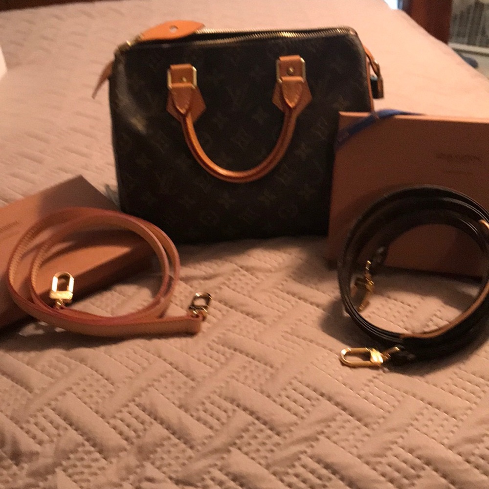 LV Speedy handbag.  LV lock & keys.  2 LV straps